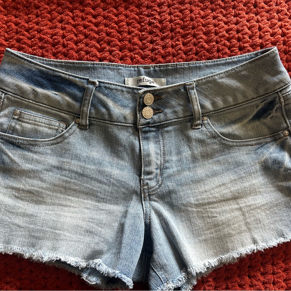 Refuge Blue Jean Shorts Distressed Frayed Hem